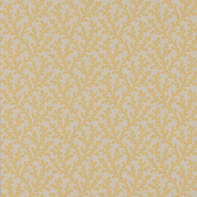 Pale greige wallpaper with dense muted yellow branching coral-like motifs