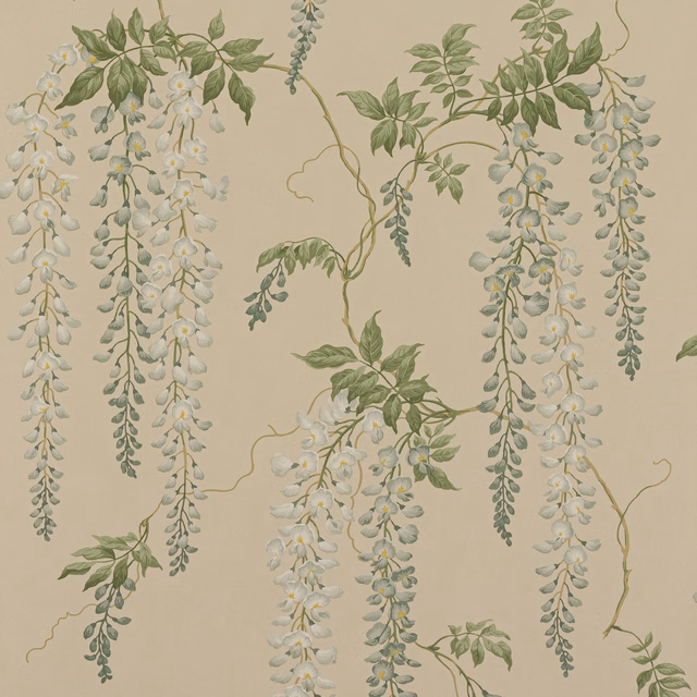 Cascading pale blue flowers and sage leaves on a warm taupe botanical wallpaper