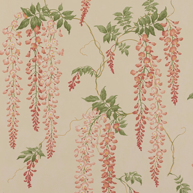 Old pink cascading flowers and sage leaves on a warm parchment wallpaper ground