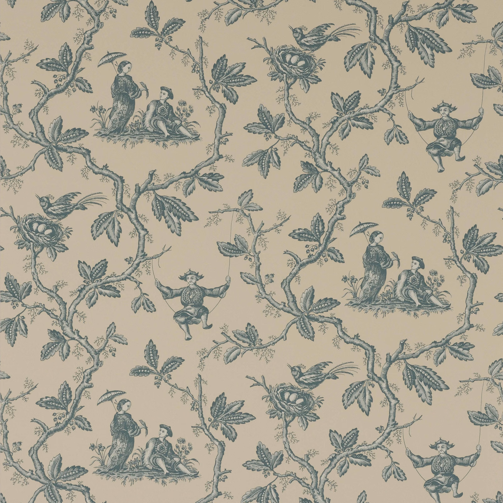 Muted aqua chinoiserie wallpaper with birds, figures, branches and leaves on beige