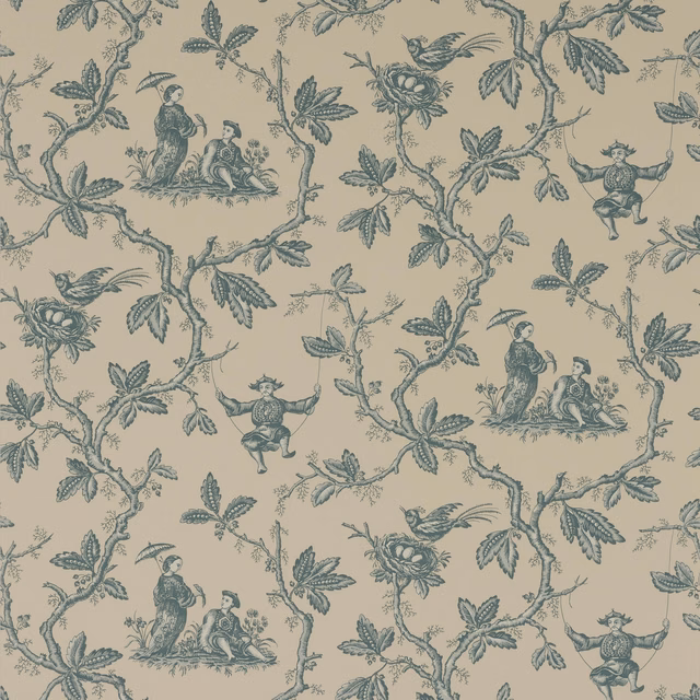 Muted aqua chinoiserie wallpaper with birds, figures, branches and leaves on beige