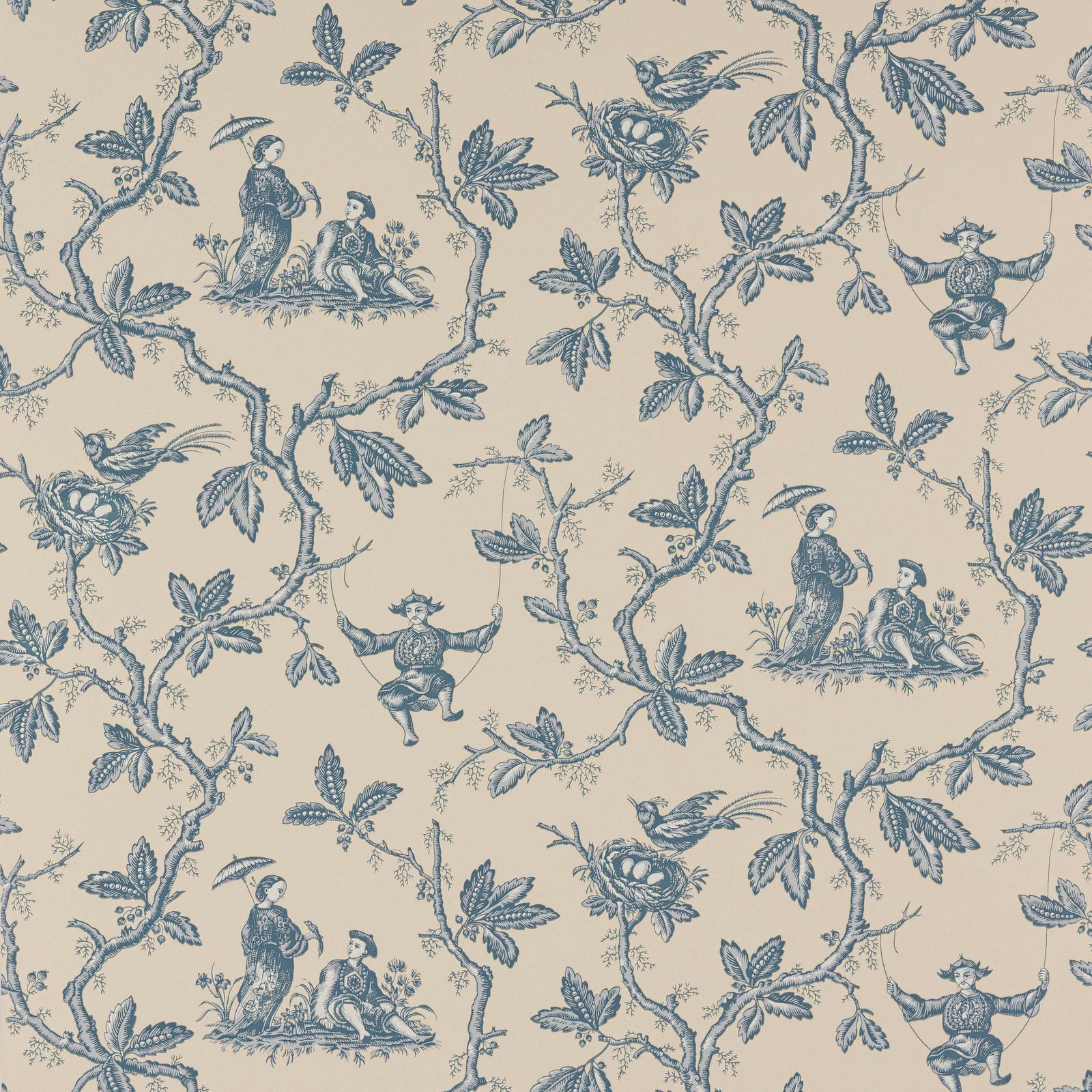 Pale cream wallpaper with muted blue branches, birds and chinoiserie figures