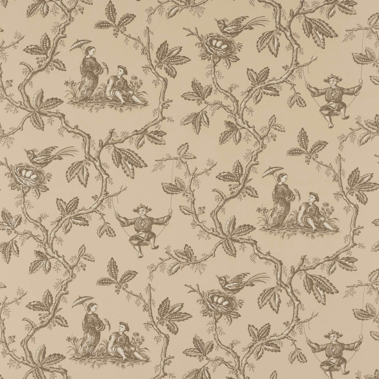 Charcoal chinoiserie branches, birds and figures on a warm taupe ground
