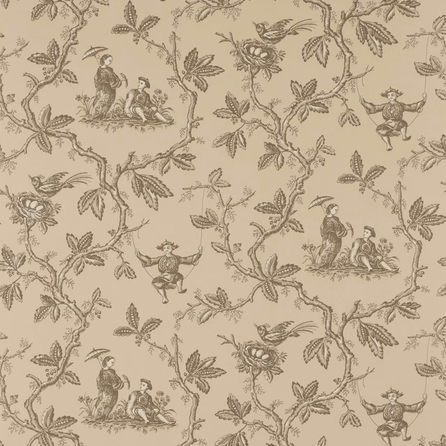 Charcoal chinoiserie branches, birds and figures on a warm taupe ground