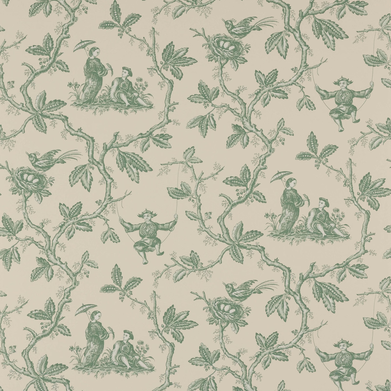 Muted forest-green chinoiserie monkeys and birds on a pale stone ground