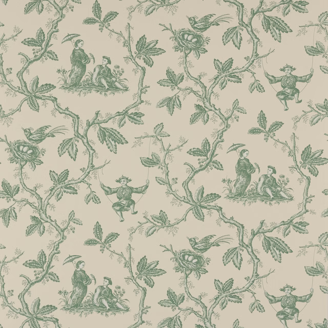 Muted forest-green chinoiserie monkeys and birds on a pale stone ground