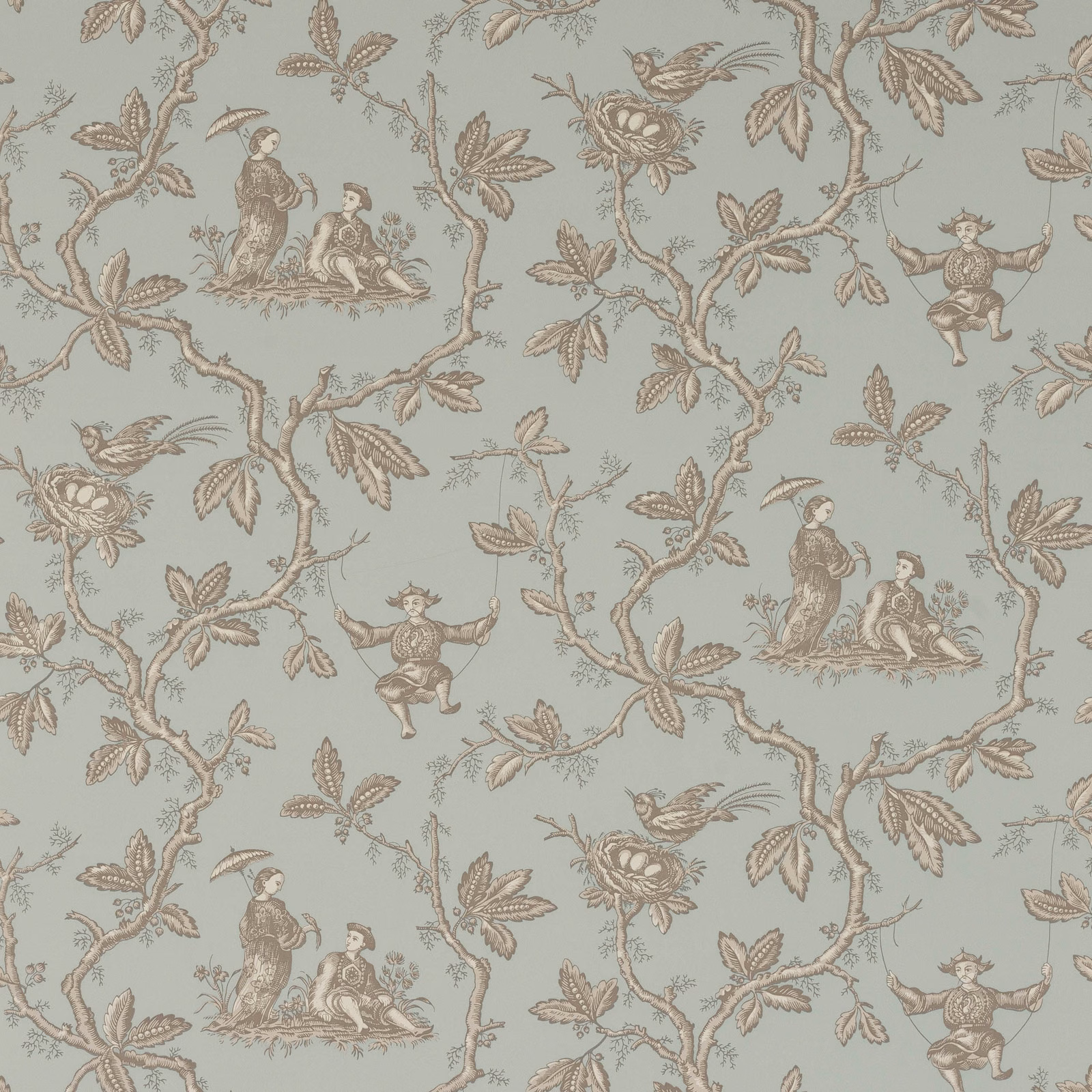 Muted old-blue chinoiserie wallpaper with taupe branches, birds and seated figures