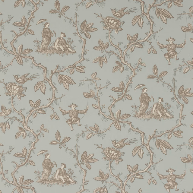 Muted old-blue chinoiserie wallpaper with taupe branches, birds and seated figures
