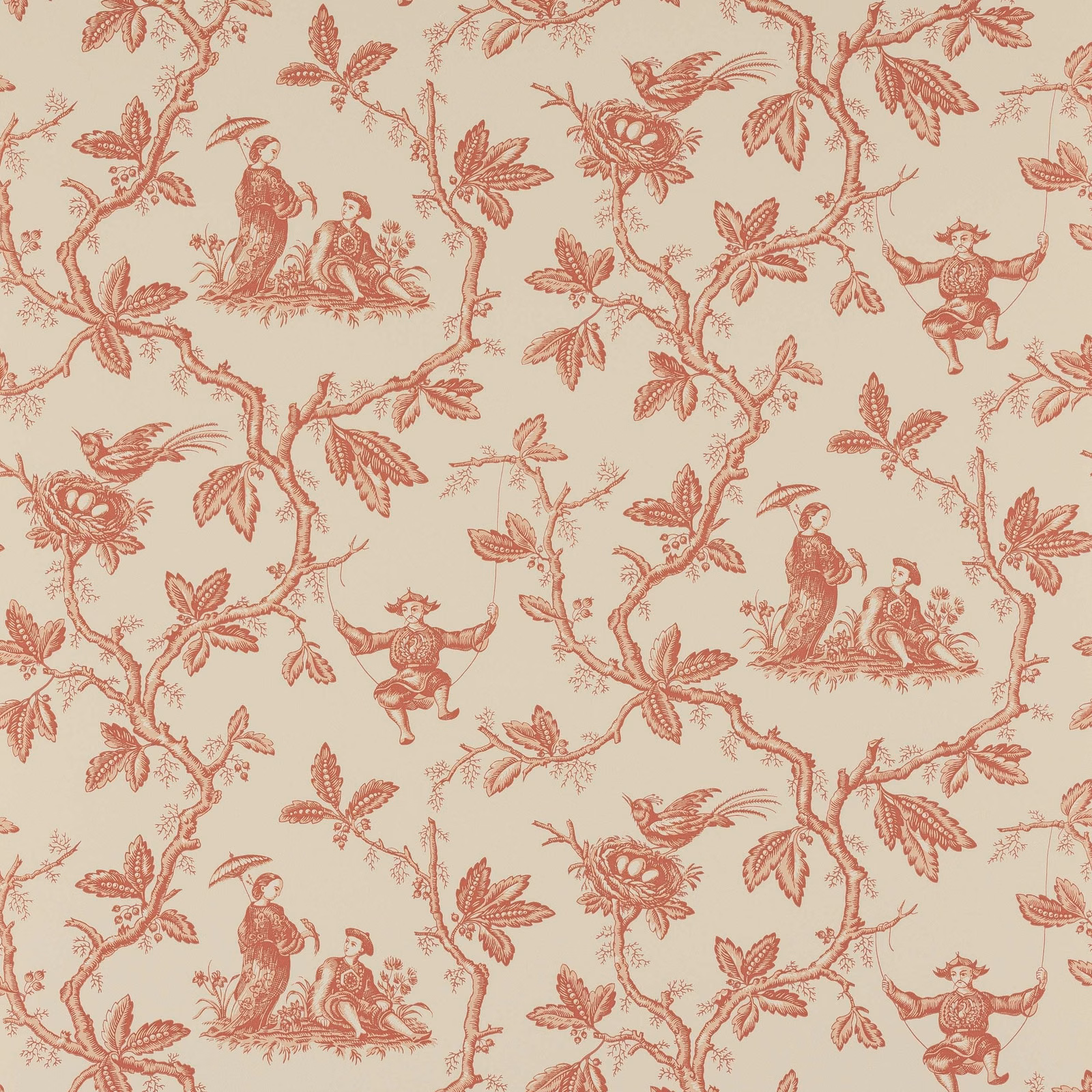 Muted rose-pink chinoiserie figures, birds and flowering branches on a pale cream ground