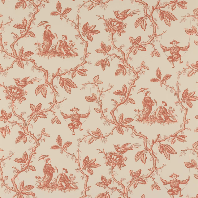 Muted rose-pink chinoiserie figures, birds and flowering branches on a pale cream ground
