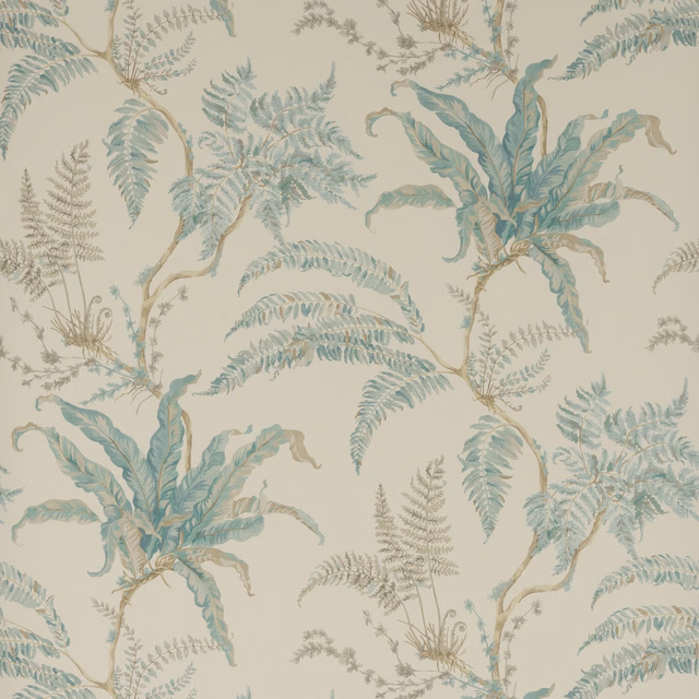 Pale aqua wallpaper with illustrated ferns, broad leaves and taupe botanical stems