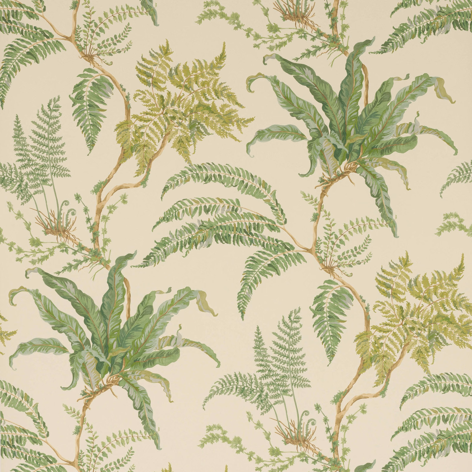 Muted fern-green botanical wallpaper with cream ground, leafy fronds and tan stems