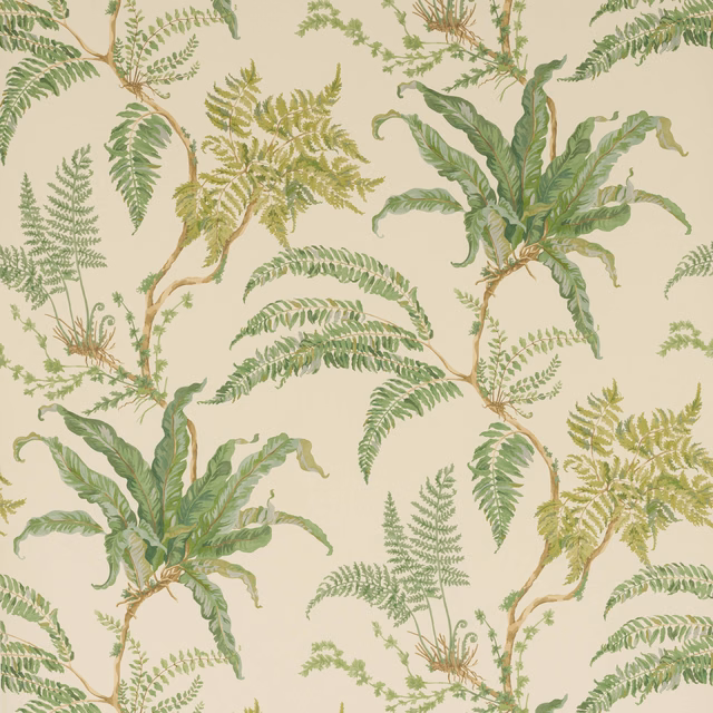 Muted fern-green botanical wallpaper with cream ground, leafy fronds and tan stems