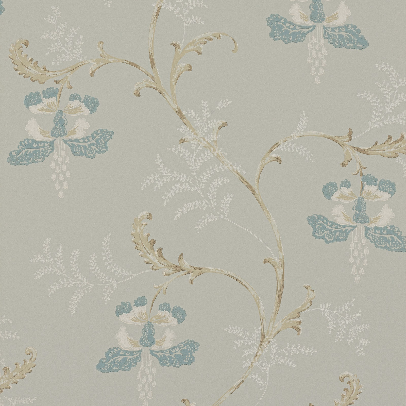 Pale aqua wallpaper with dusty teal bellflowers, ivory petals and scrolling foliage