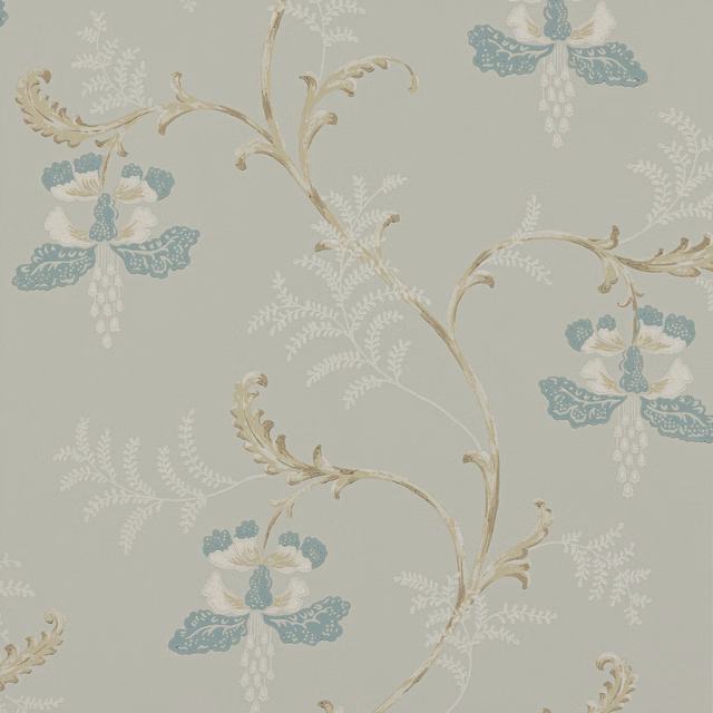 Pale aqua wallpaper with dusty teal bellflowers, ivory petals and scrolling foliage