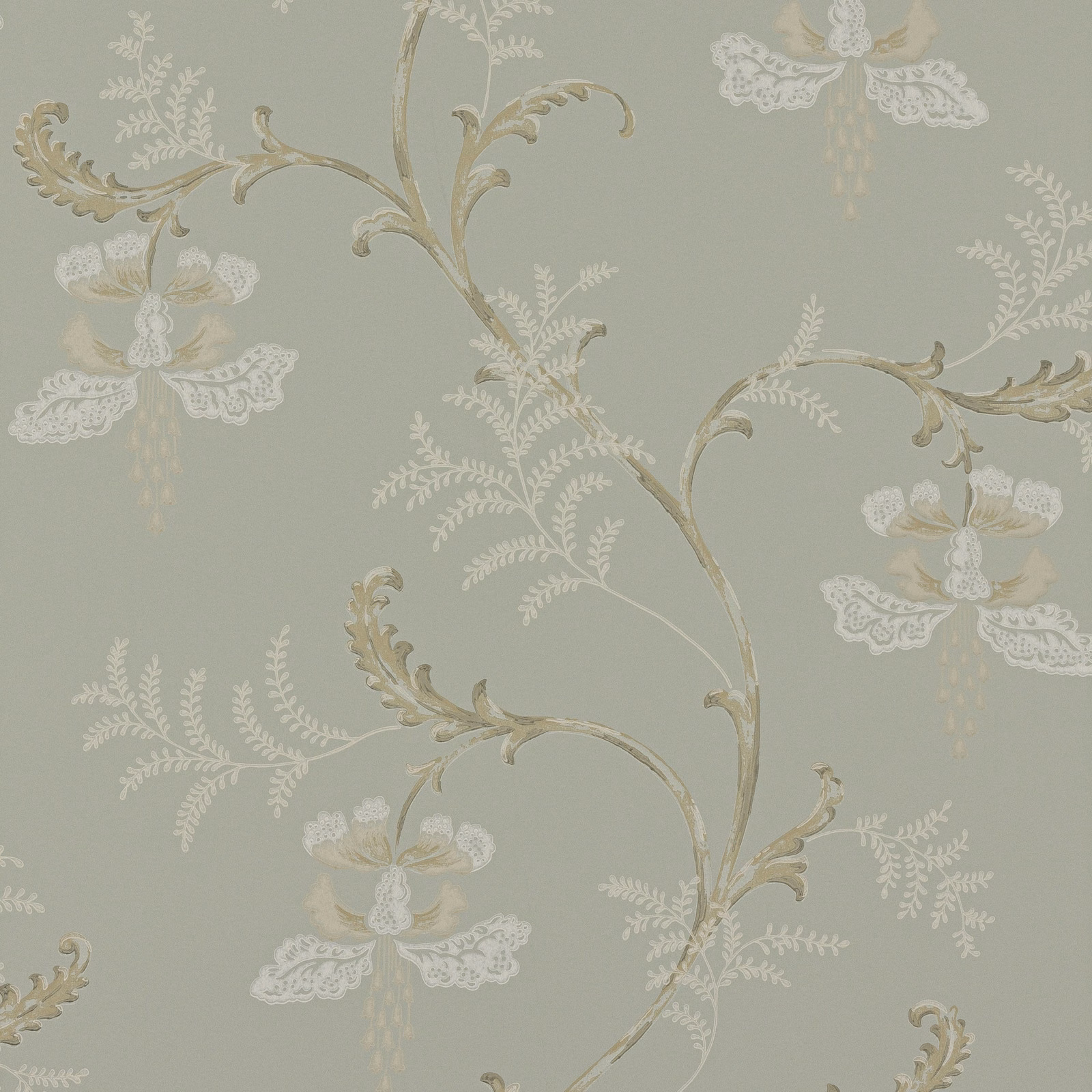 Muted blue-grey wallpaper with ivory bellflowers and trailing taupe botanical stems