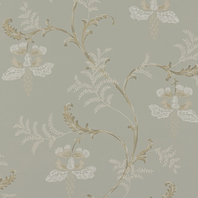Muted blue-grey wallpaper with ivory bellflowers and trailing taupe botanical stems