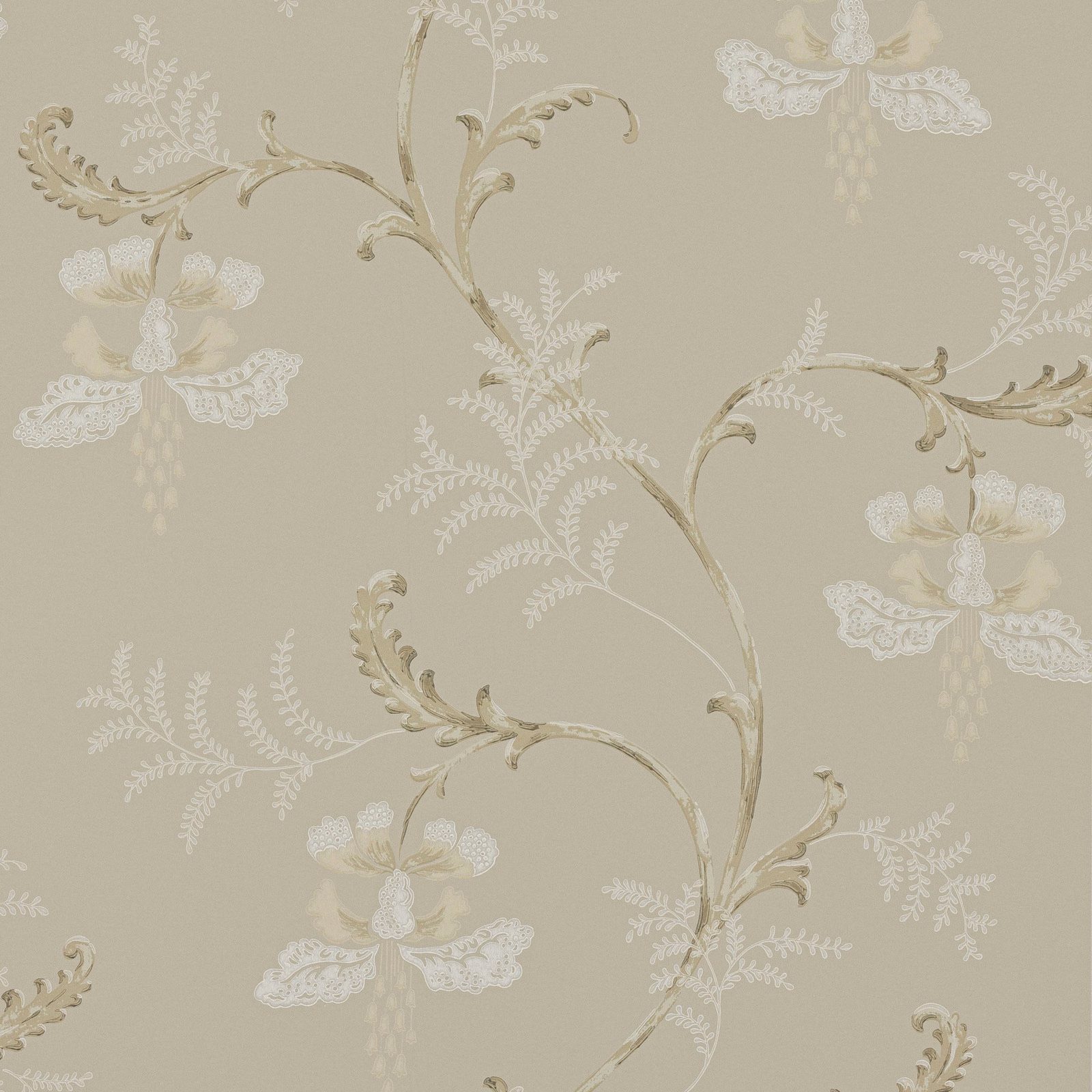 Silver-grey wallpaper with pale blossoms, scrolling stems and fern-like leaves