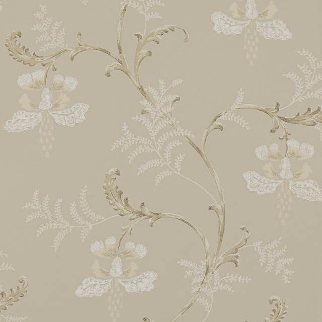 Silver-grey wallpaper with pale blossoms, scrolling stems and fern-like leaves