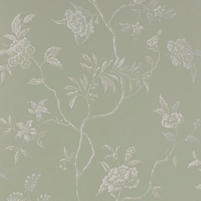 Pale sage-aqua wallpaper with ivory branching florals and layered blooms