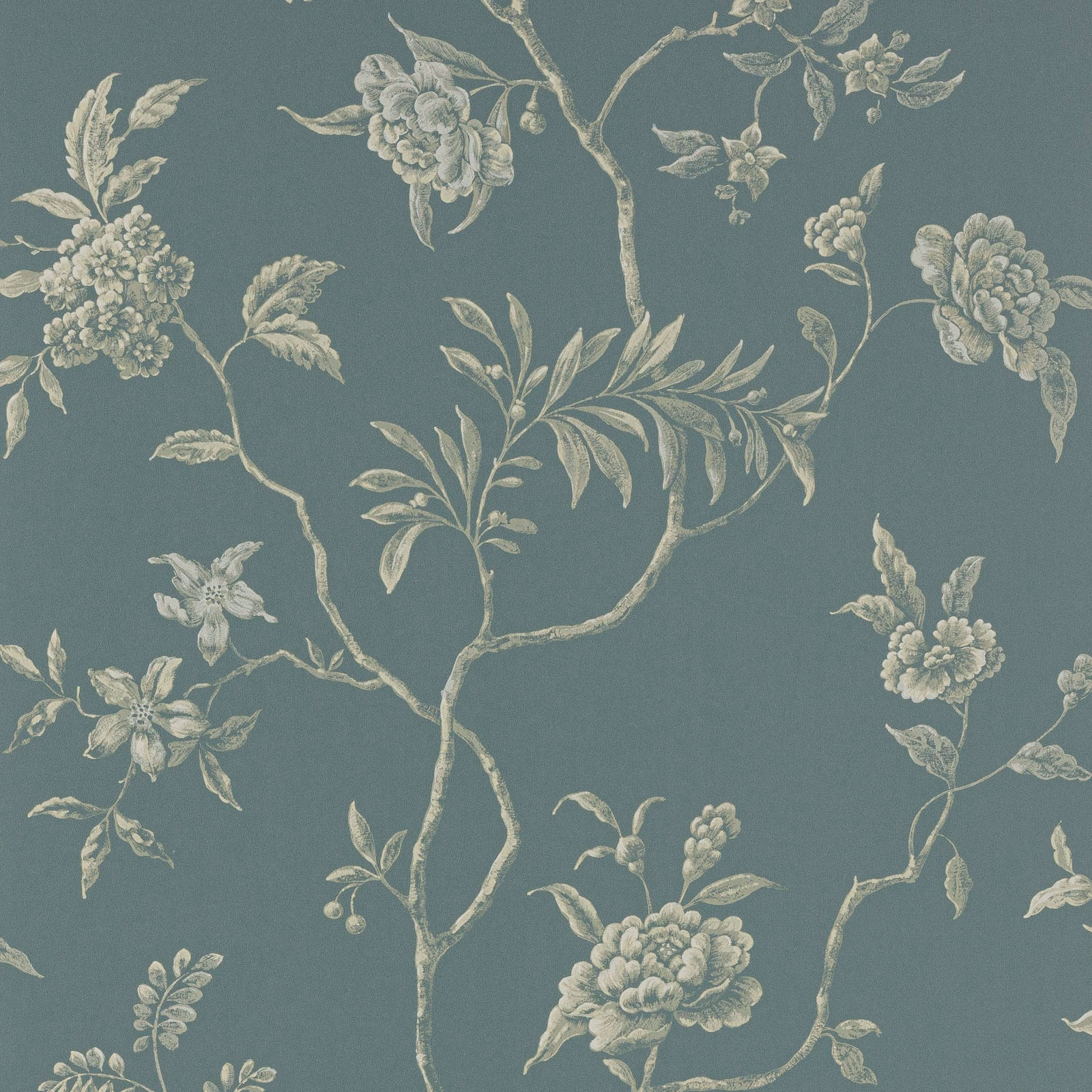 Muted blue-grey wallpaper with pale botanical branches, clustered flowers and trailing leaves