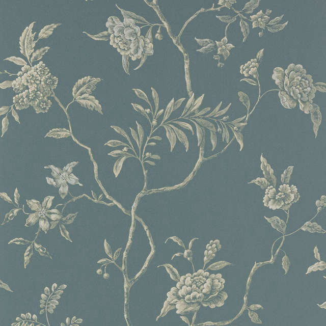 Muted blue-grey wallpaper with pale botanical branches, clustered flowers and trailing leaves