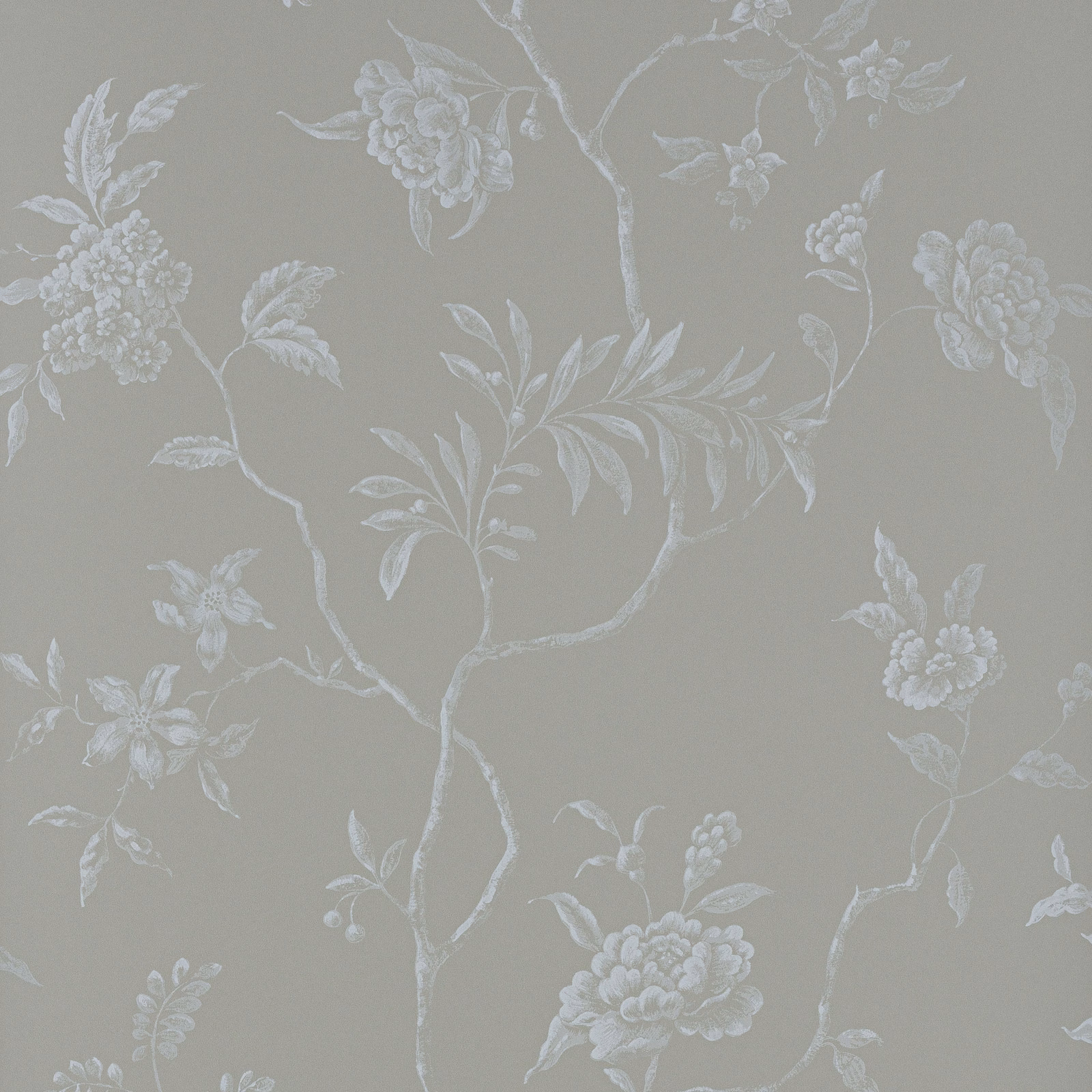 Silver-grey wallpaper with pale flowering branches, leaves and clustered floral motifs