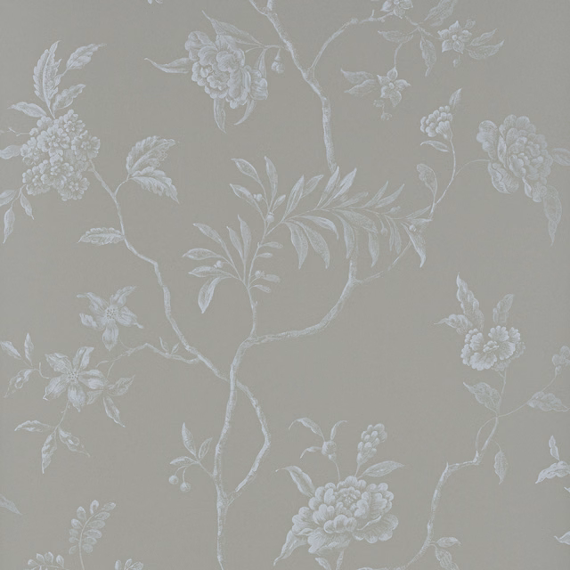 Silver-grey wallpaper with pale flowering branches, leaves and clustered floral motifs