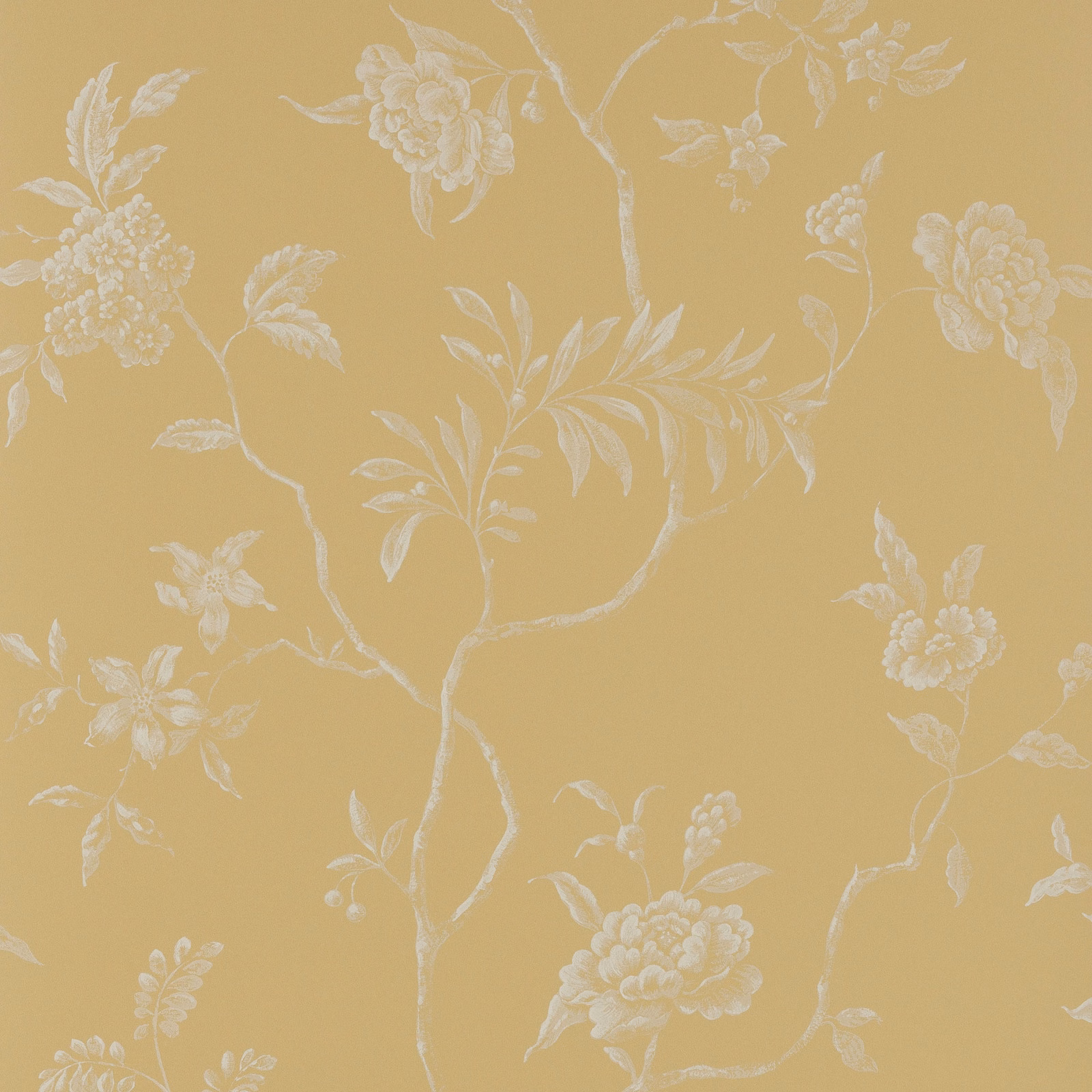 Warm ochre-yellow wallpaper with pale ivory peonies and branching florals