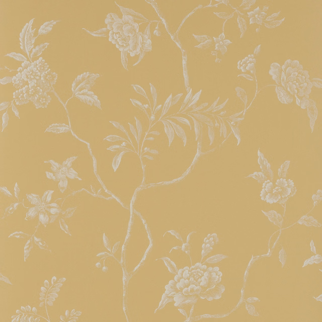 Warm ochre-yellow wallpaper with pale ivory peonies and branching florals