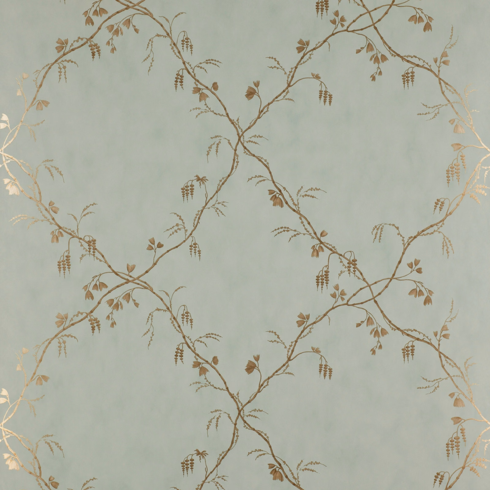 Pale aqua wallpaper with taupe-gold branching vines and hanging botanical sprays