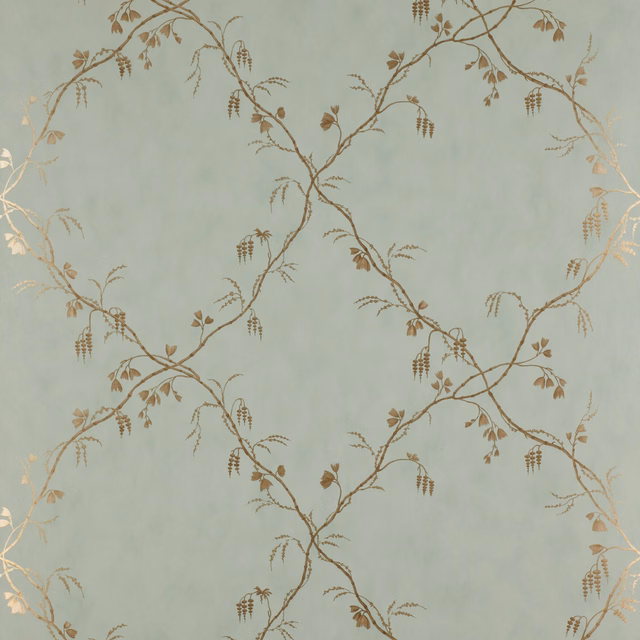 Pale aqua wallpaper with taupe-gold branching vines and hanging botanical sprays