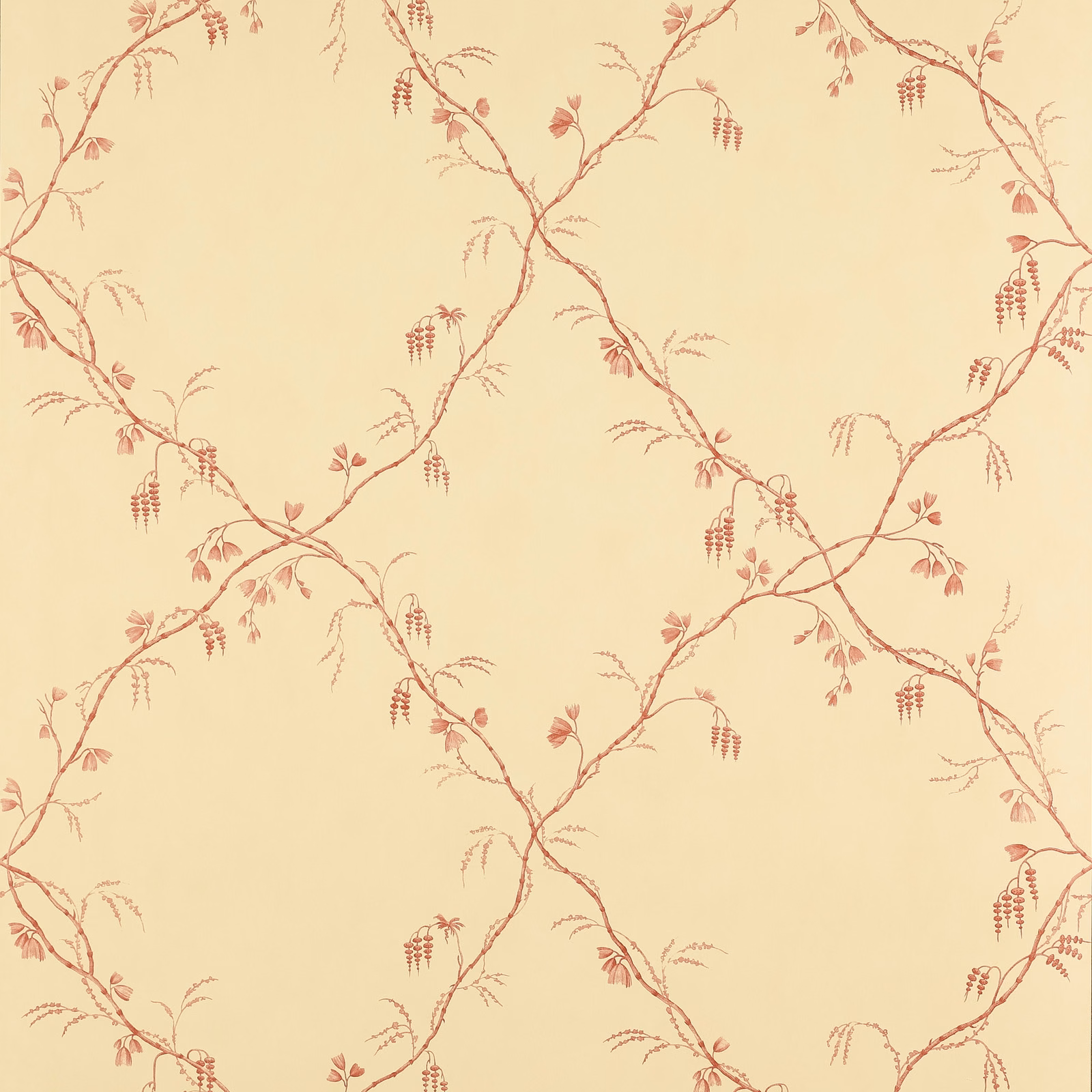 Warm cream wallpaper with delicate muted red vines, leaves and berry sprays