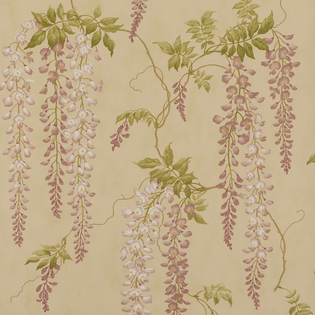 Parchment-beige wallpaper with trailing sage leaves and dusty amethyst wisteria sprays