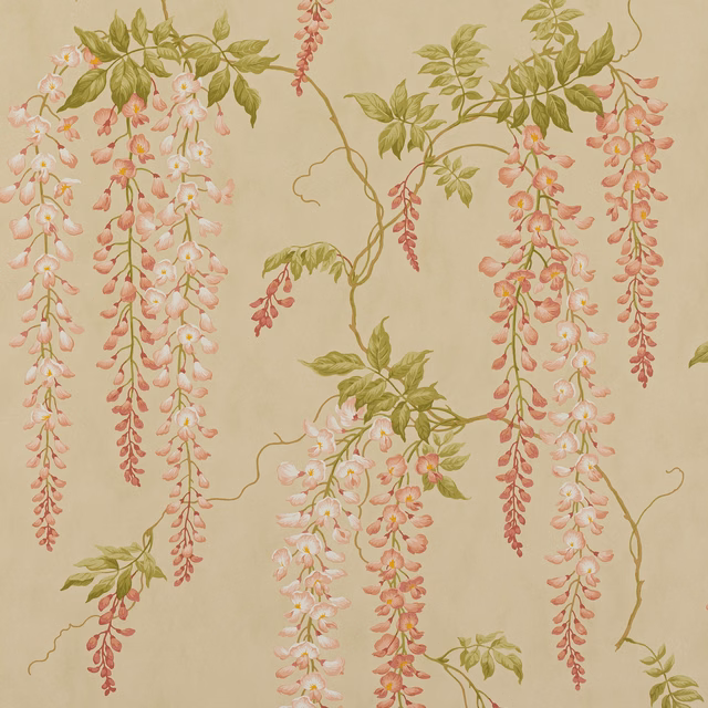 Blush pink hanging flowers and sage leaves on a warm beige wallpaper ground