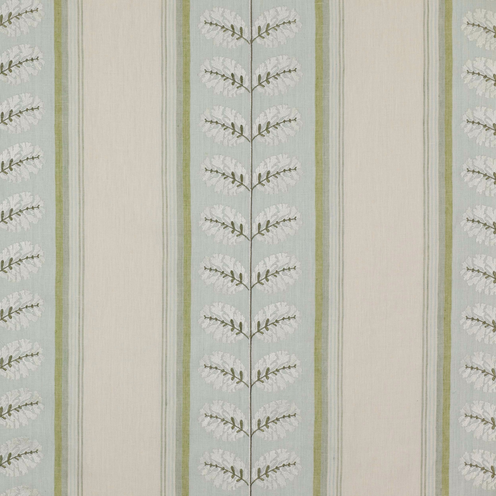 Pale aqua-green striped fabric with cream panels and leafy vertical motif