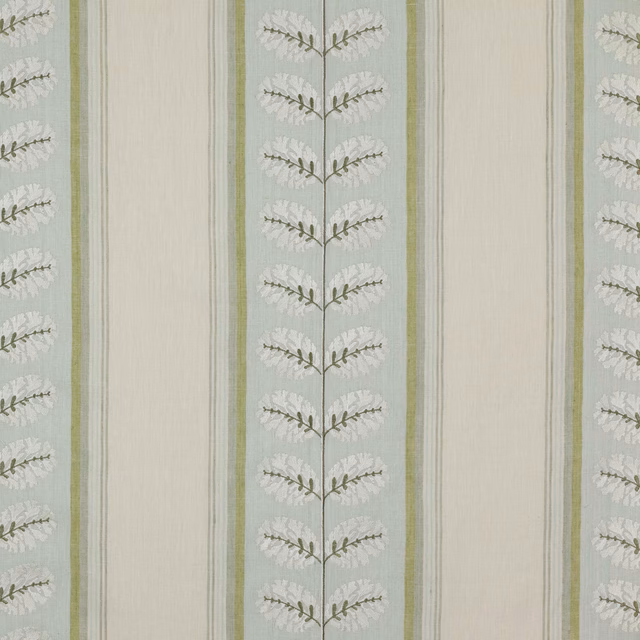 Pale aqua-green striped fabric with cream panels and leafy vertical motif