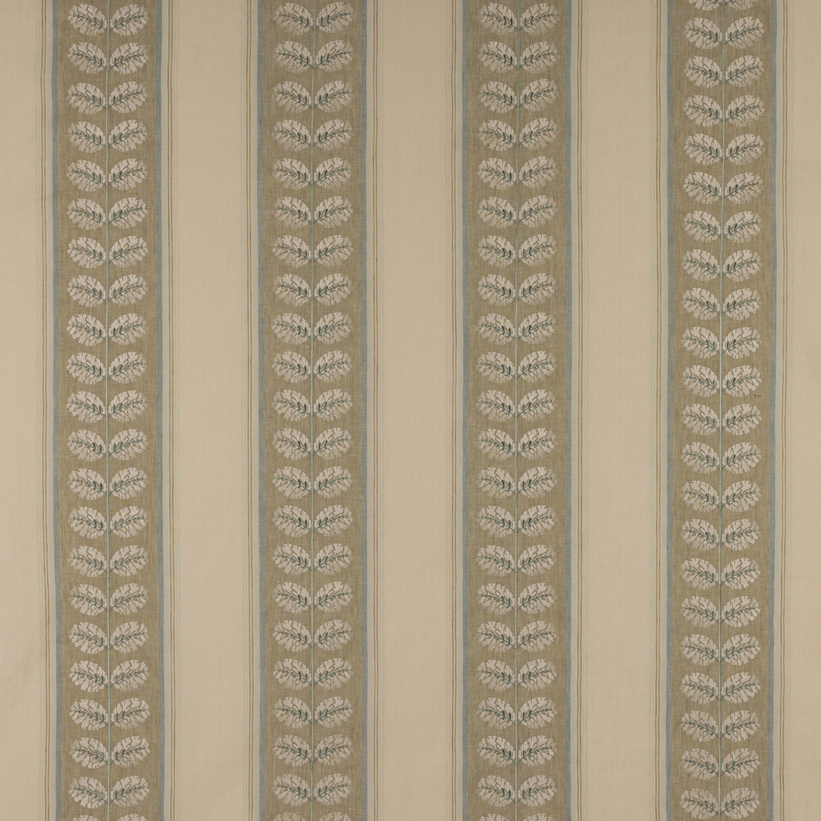 Vertical beige stripe fabric with repeated leaf motif and narrow blue borders