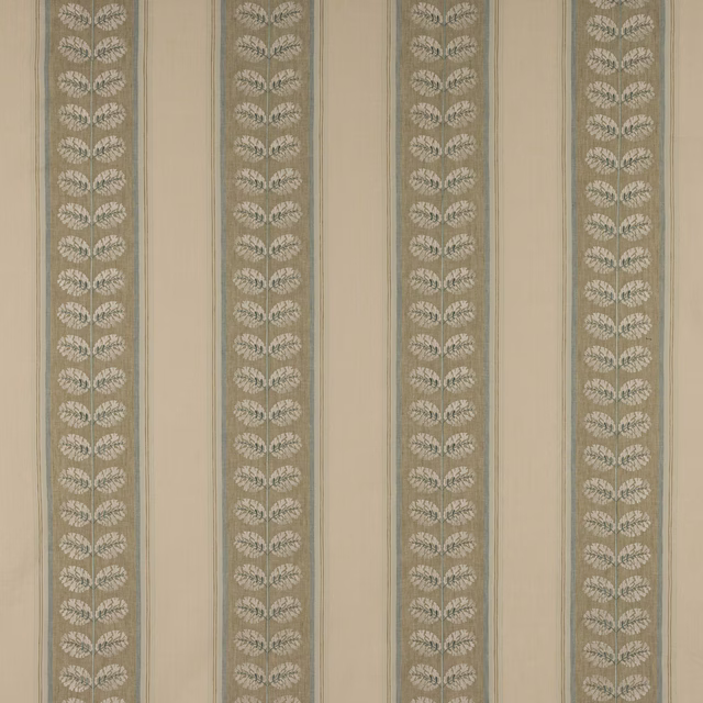 Vertical beige stripe fabric with repeated leaf motif and narrow blue borders