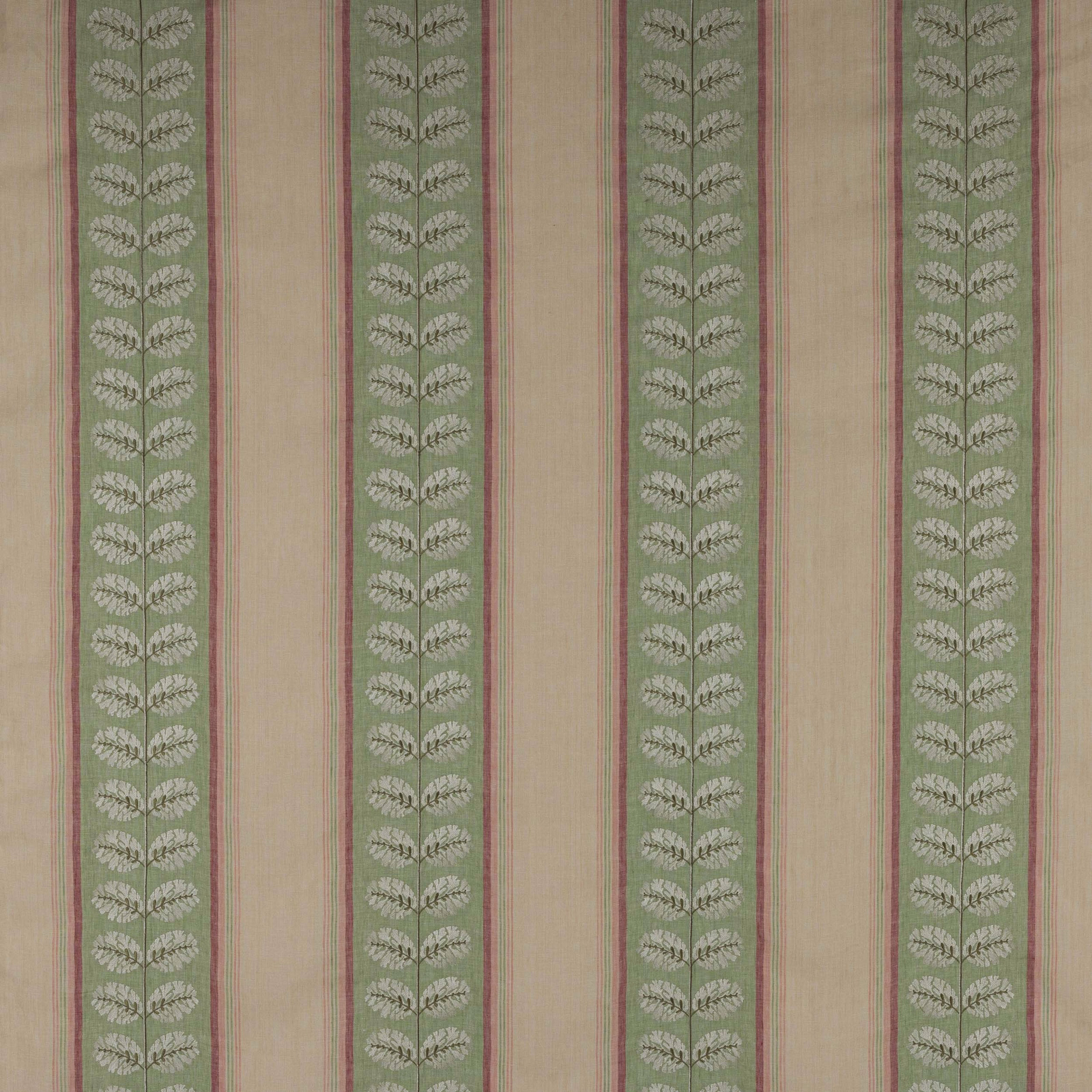 Vertical sage green striped fabric with pink pinstripes and leaf motif on linen ground