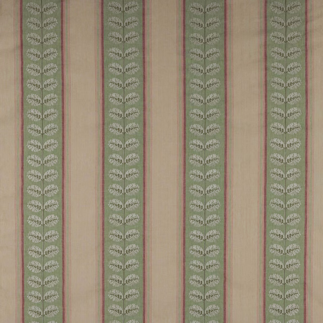 Vertical sage green striped fabric with pink pinstripes and leaf motif on linen ground
