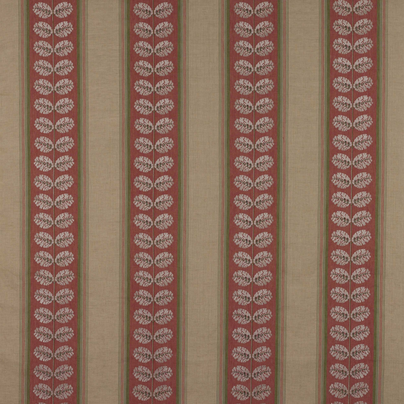 Vertical red and green stripe fabric with leaf motifs on a natural ground
