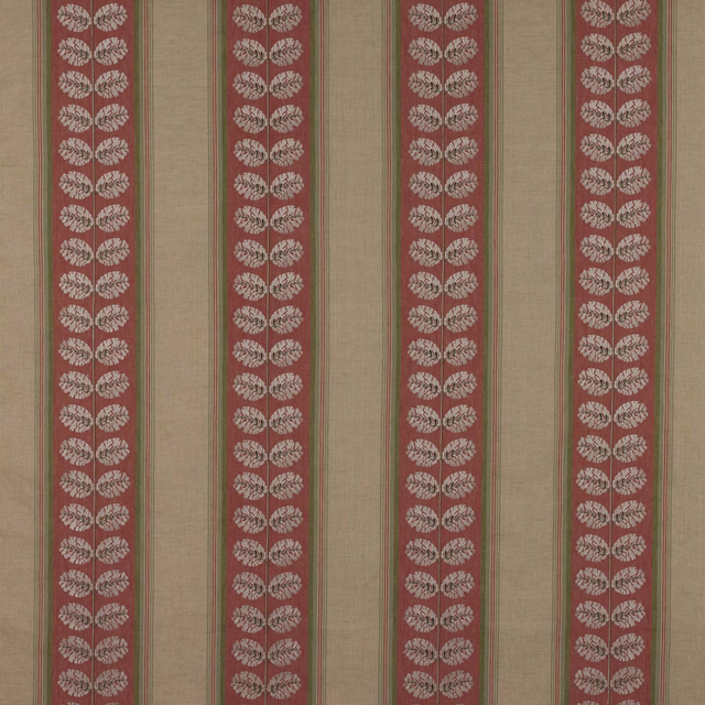 Vertical red and green stripe fabric with leaf motifs on a natural ground