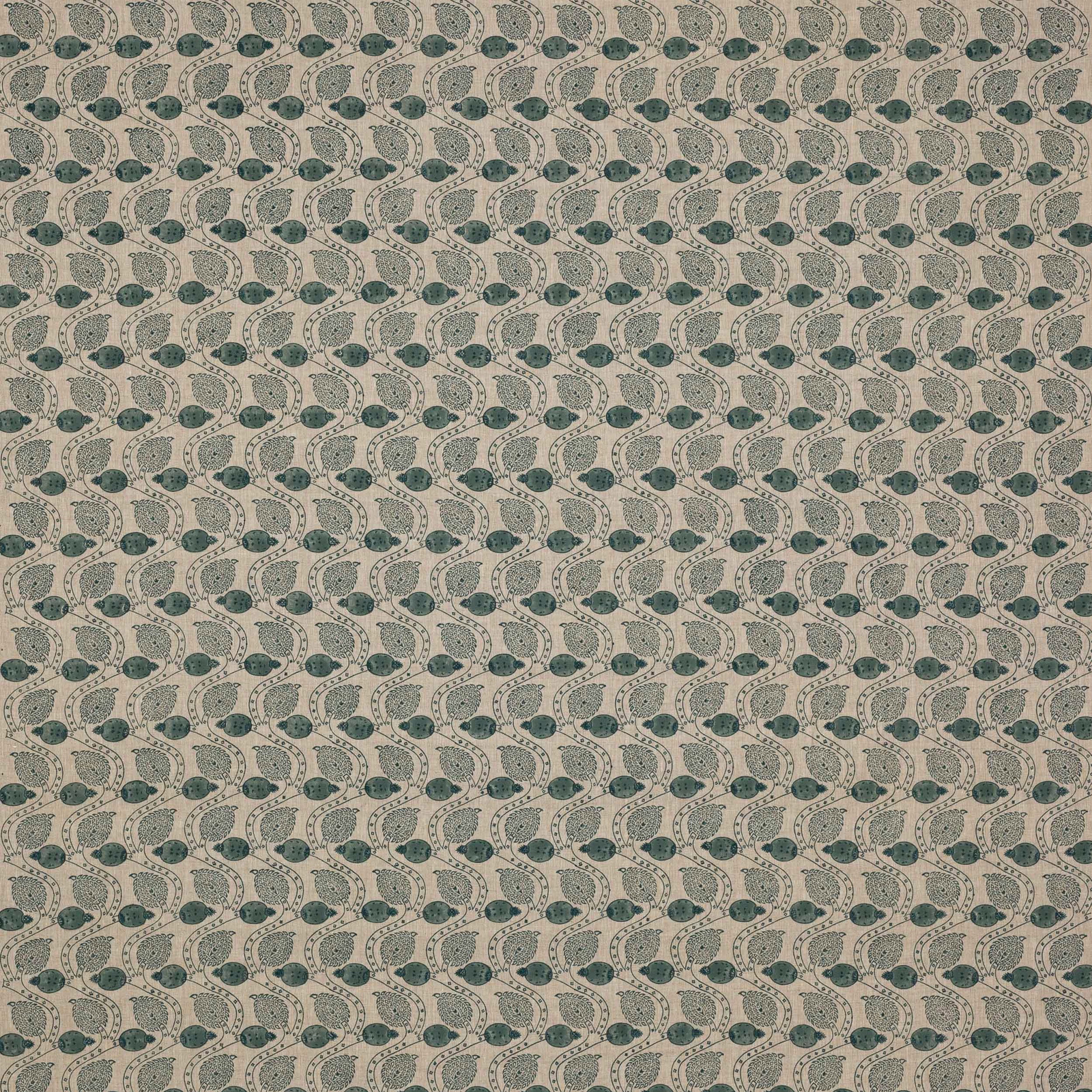 Small repeating green leaf-and-dot block print on flax linen