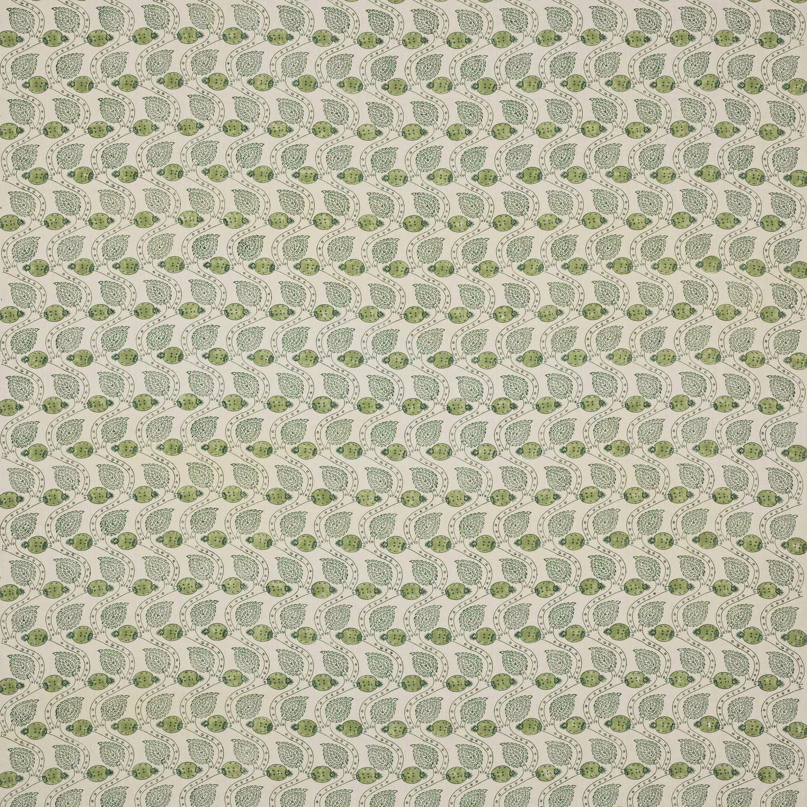 Small green leaf print on pale linen ground, repeating in neat rows