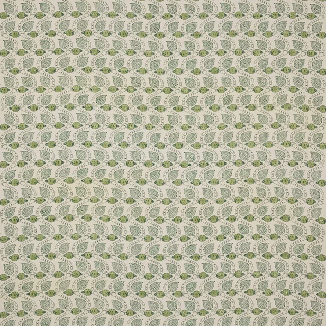 Small green leaf print on pale linen ground, repeating in neat rows