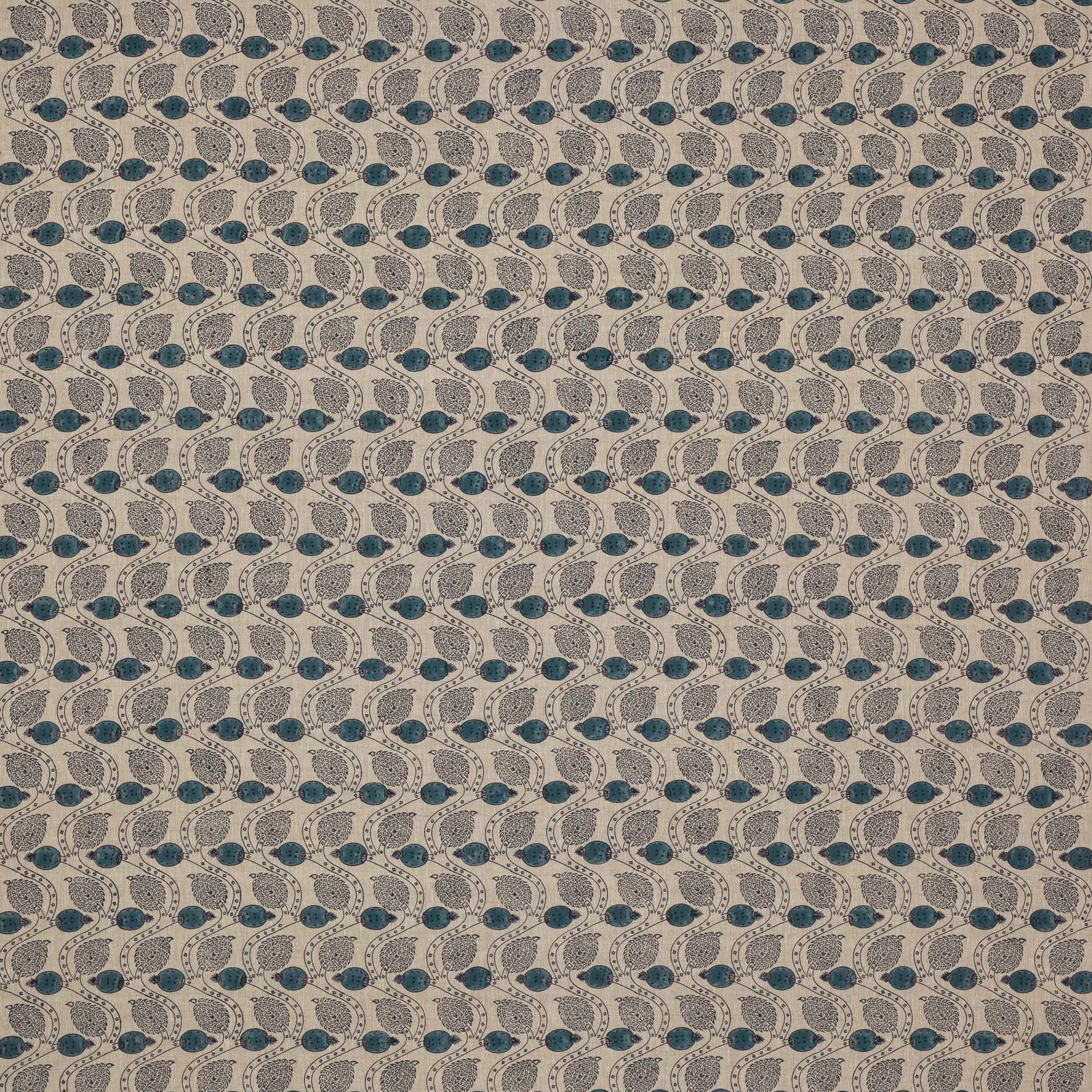 Navy and beige block-print linen with small repeating leaf motifs