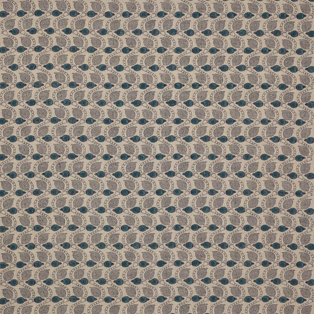 Navy and beige block-print linen with small repeating leaf motifs