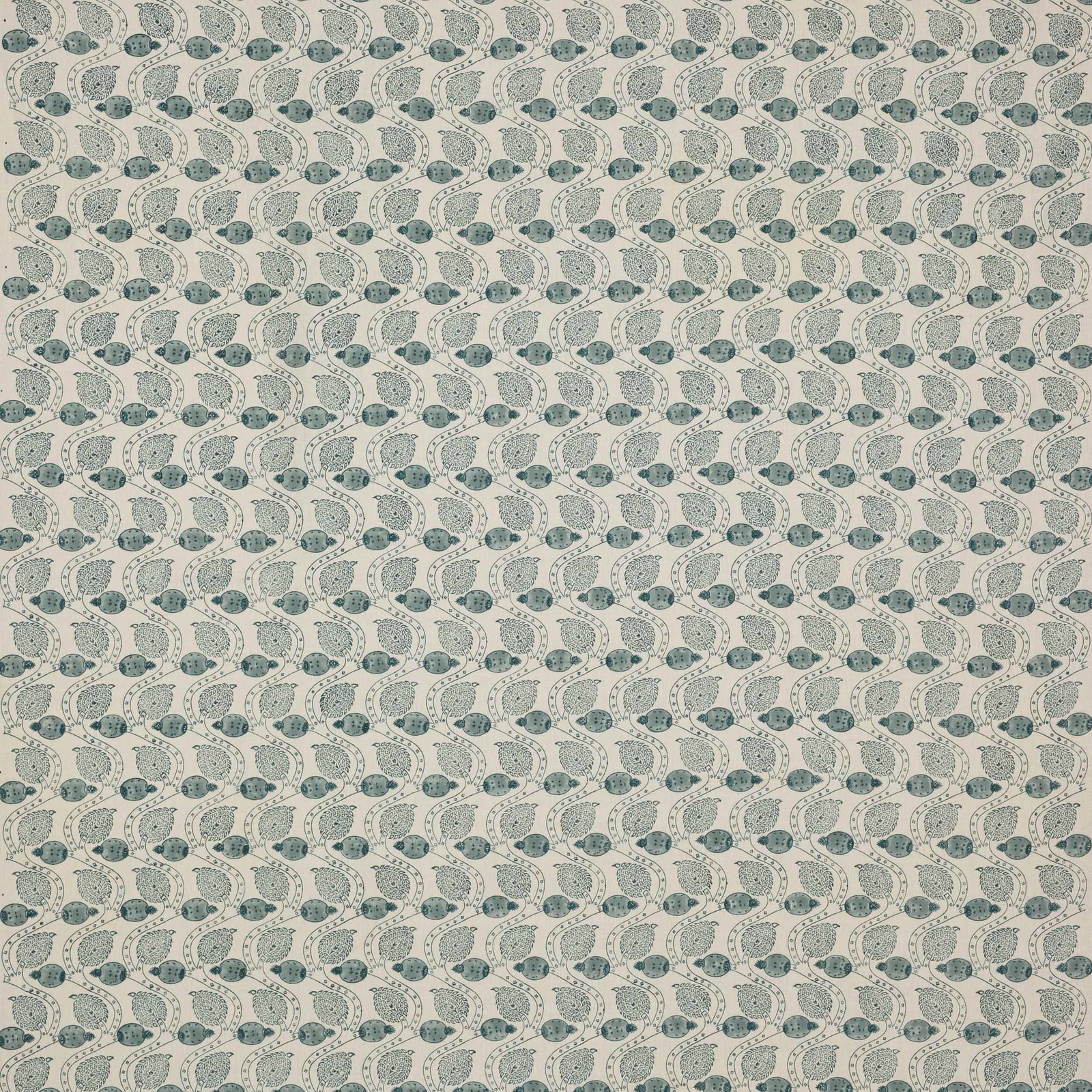 Pale linen fabric with small repeated blue block-print leaf and berry motifs