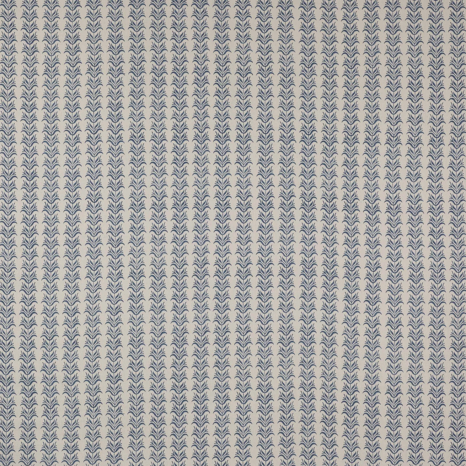 Blue leaf stripe block print on warm ivory linen fabric